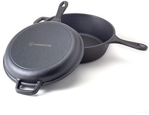 Hanseküche Casseruola in ghisa 2 in 1 con coperchio per padella, casseruola di alta qualità con padella, Ø 26 cm, padella già cotta per cucinare, cuocere pane, arrostire o brasare