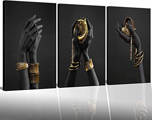 HONEYBABY Framed African Canvas Wall Art Black Woman Portrait Gold Bracelet Pictures Artwork Poster Modern Art Decor Painting for Living room Bedroom Home Decor…
