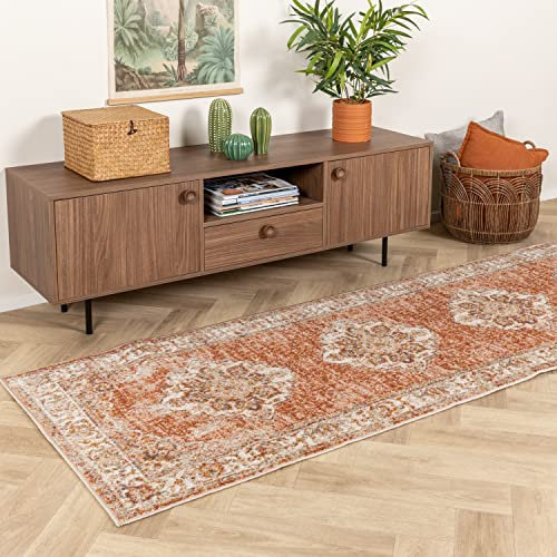 FRAAI | Home & Living Vintage LäUfer - Spring Medaillon Terracotta Creme - Polypropylen - Kurzflor - Vintage - Boho, Orientalisch - Wohnzimmer, Schlafzimmer, Flur - Carpet