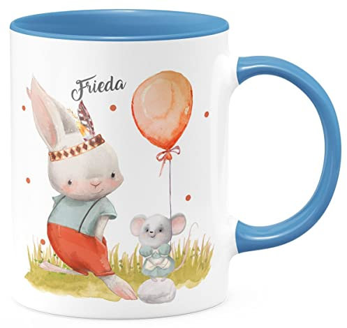 Mikalino Keramik Tasse Süßer Hase und kleine Maus mit Wunschname - handbedruckt in Deutschland | Kaffee Becher Kaffeetasse Geschenk, Farbe:cambridgeblue, Grösse:330ml