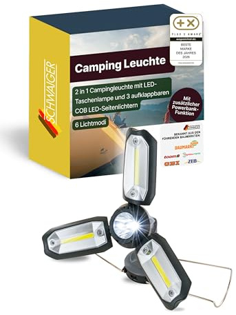 SCHWAIGER LED Campingleuchte mit Powerbank I 2in1 Campinglampe & Taschenlampe I tragbare Lampe mit 3 W COB-LED I Outdoor Lampe mit ausklappbaren Seitenlichtern & 8 Lichtmodi