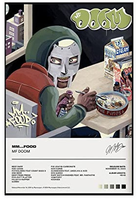 RIKCAT Rap MF DOOM Mm..Food Album Cover Leinwand Poster Schlafzimmer Dekor Sport Landschaft Büro Zimmer Dekor Geschenk ungerahmt 30 x 45 cm