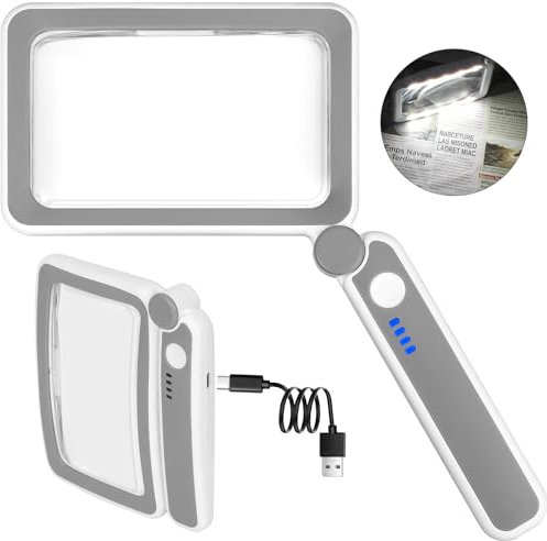 Rechargeable 5X Magnifying Glass for Reading, Handheld Page Magnifying Glass with Light for Low Vision Seniors, Lightweight LED Magnifier for Reading Books, Newspaper, Small Print