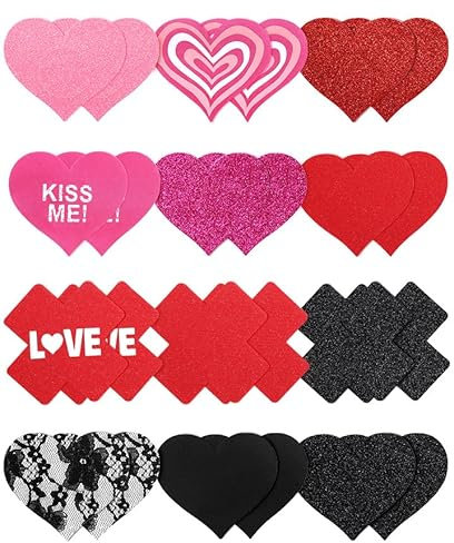 Tripetals Glitzer-Pasties, Nippel-Abdeckungen, Aufkleber, Einweg-Brustwarzen-Pads, griffige Pasties, sexy, 12 Stück, rot und schwarz