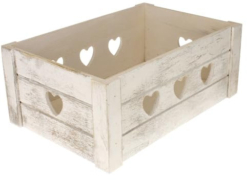 MACOSA AS8053 Deko Holzkiste Weiß Herzen 29 cm Dekokiste Landhaus Kiste Aufbewahrungskiste Obstkiste Holzbox Aufbewahrung Dekoaufbewahrung Geschenkkiste