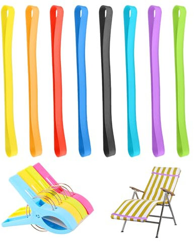 ZBHDEYG Lot de 8 bandes en silicone et 4 pinces en plastique, bandes de serviette réglables, porte-serviettes élastiques, accessoires de plage pour la plage, accessoires de bain de soleil, accessoires