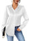 Zeagoo Womens Blouse Satin Elegant V Neck Long Sleeve Casual Shirts Button Down Loose Shirt Business Work Tops Ladies Office Outfit White M