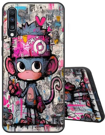 Sinyunron Hülle Kompatibel mit Samsung Galaxy A70 Handyhülle Silikon Schwarz Matte Rückseite mit Muster,Weiche Stoßfest Kratzfest Schlanke Softschale TPU Schutzhülle,AFFE