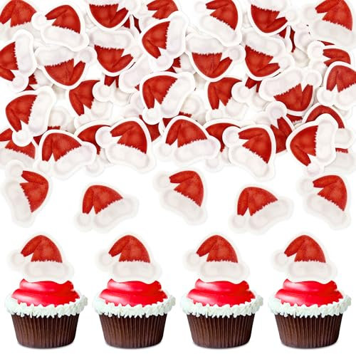 Blumomon 40Pcs Edible Christmas Hat Cupcake Toppers Edible Merry Christmas Cake Decorations Selected Christmas Cupcake Decorations Christmas Party Holiday Supplies