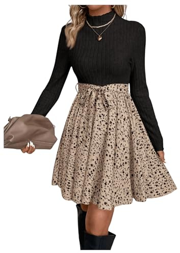 SweatyRocks Langarm Kleid Damen Elegant A Linie Kleid Mit Blumen Strickkleid Winter Kleid Mit Gürtel Farbblock Kleid Blusenkleid Mit Stehkragen Khaki XS