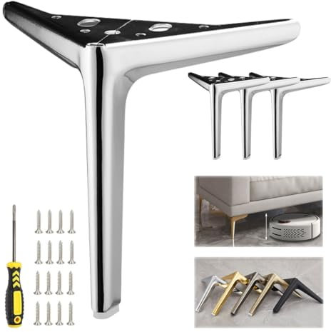 Générique 4pcs Pieds de Meubles en Acier INOX, Jambes de Canapé Remplacement en MéTal Moderne, Noir Doré Argent avec Tapis antidérapant 4'' 5'' 6'' 7'' 8 10(Silver,H 10''/25cm)