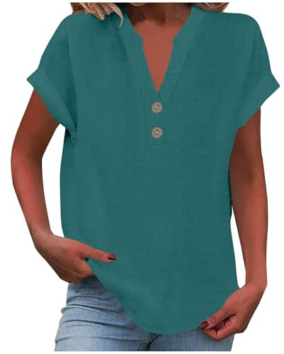 KOG Damen Shirt Mode Leinenbluse Tee T-Shirt Elegant Kurzarm Oberteil Frauen Kleidung Oversize Tops Outlet Teenager Rundhals Slim Fit Tuniken Grün XXL