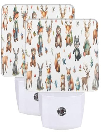 ASKFNASDKMFN Lot de 2 veilleuses aquarelles en forme d'animaux de la forêt, loup, renard, cerf, sans danger, lueur non perturbatrice pour crèches et couloirs