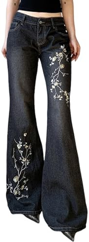 Fronage Jeans for Women UK Vintage Flare Jeans Y2k Embroidery Denim Pants Teen Girls Stretch Mid Rise Trousers