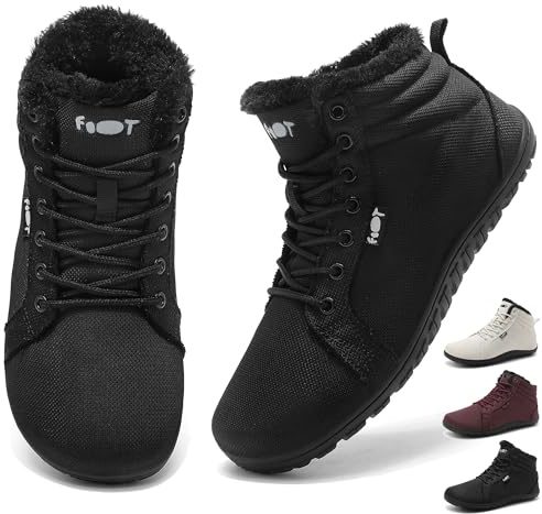Schuvox Barfußschuhe Stiefel Wasserdicht Sneaker Breite Walking Schuhe Barfuss Damen Herren Herbst Winter Trail Minimalistische Warm Gefüttert Zero Drop Solhe Fitness Weit Rutschfest Schwarz 42EU