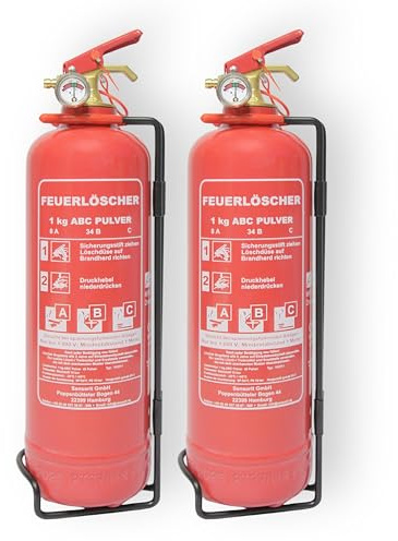 2 Stück Feuerlöscher für Zuhause, 2x1kg Pulverlöscher, Doppelpack, Feuerlöscher Auto, ABC Pulver inkl. Halterung und Prüfschild