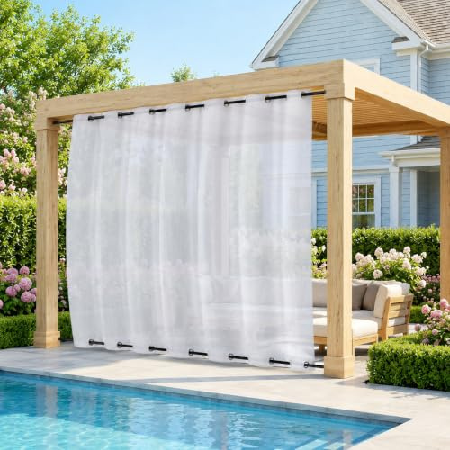 Outdoor Vorhang Wetterfest Transparent mit Ösen oben& Unten B254 x H244cm | Weißer Voile Außenvorhang Winddicht Wasserabweisend für Pergola Balkon Terrasse Garten Pavillon Sonnenschutz