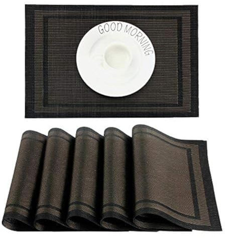 CHAOCHI Tischset Abwischbar,Platzset Abwaschbar 6er Set PVC Abgrifffeste Hitzebeständig rutschfest Platzdeckchen für Küche, Zuhause, Restaurant, Speisetisch, 45cmx30cm(Schwarz+Gold)