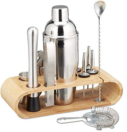 Relaxdays Cocktail Set, 11-teiliges Profi Bar Set, Ständer, Shaker, Barmaß, Ausgießer, Eiszange, Edelstahl, silber/natur, 25.5 x 27.5 x 10.5 cm