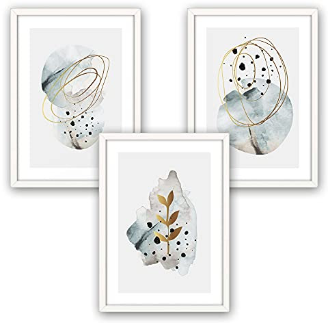 3-teiliges Premium Poster-Set | Kunstdruck | Abstrakt Blau | Deko Bild für Ihre Wand | optional mit Rahmen | Wohnzimmer Schlafzimmer Modern Fine Art | DIN A4 / A3 (A4, weißer Rahmen)