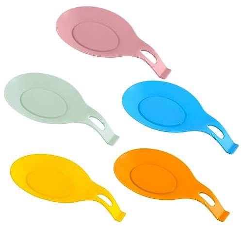 SWYSGS 5 Stück Silikon Löffel Rest Set, Kochlöffelablage aus Silikon Küche Löffelhalter Set 5 Farben beim Kochen Essen Restaurant Zuhause Mandelform Küchenhelfer Ablage für löffel