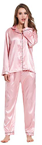 BigKing Pyjama Femme Manches Longues, Femmes Satin De Soie à Manches Longues Homewear Deux Pièces Bouton Pyjama,Confortable à Porter à La Maison(XL, Rose)
