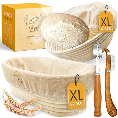 KRUSTENZAUBER Gärkörbchen zum Brotbacken + Bäckermesser - Set aus 2x Gärkorb und 2x Teigritzmesser - Brot Backen Zubehör, Brotkorb, Brotbackform, Sauerteig Teigschneider, Gärfolie Brot