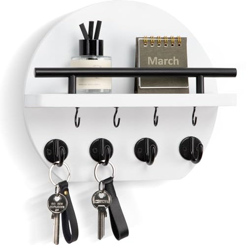Nekon Key Holder for Wall - 9.8 Inch Apartment Wall Decor with Shelf and 8 Key Hooks, Circular Wood Key Hanger for Home Decor (White)