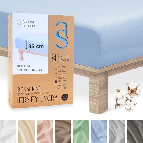 Andrea Simone Premium Spannbettlaken 200x220cm | Bettlaken 200x220 | Spannbetttücher auch für Boxspringbett, bis 35cm, 95% Baumwolle + 5% Lycra, Blau Spannbetttuch, 185 g/m², Jersey 200 x 220