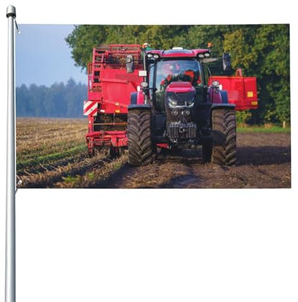 150 x 90 cm, rote Traktor-Ernte von Kartoffeln auf Bauernfeld, Flagge für Haus, Rasen, hängende Dekoration, Hofbanner, Urlaub, Willkommensflaggen mit 2 Metallösen, für den Innen- und Außenbereich
