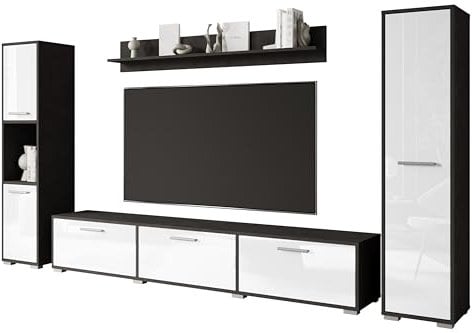 MINIO go for it - Meuble-Paroi 4 Éléments Toga, 1x Meuble TV, 2X Armoire Haute, 1x Tablette Murale - Matera/Blanc Brillant Couleur