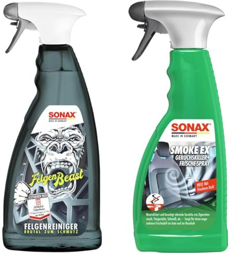 SONAX FelgenBeast (1 Liter) Felgenreiniger & SmokeEx Geruchskiller + Frische-Spray (500 ml) befreit Textilien zuverlässig und langanhaltend von störenden und unangenehmen Gerüchen | Art-Nr. 02922410