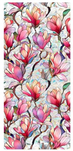 Rainbow Pink Magnolia Flower Window Privacy Film Sun Blocking Decorative PVC Stained Glass Window Decals Non-Adhesive Static Cling Sticker for Home Office,16.93 x 39.37 Inch