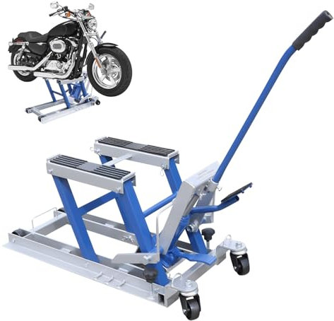 DHQCQL Motorrad Hebebühne, Motorradheber Hydraulisch mit 2 Rädern, 12-38.7cm Höhenverstellbarer Hydraulischer Motorrad für Quad, ATV, UTV, Blau, bis 680kg