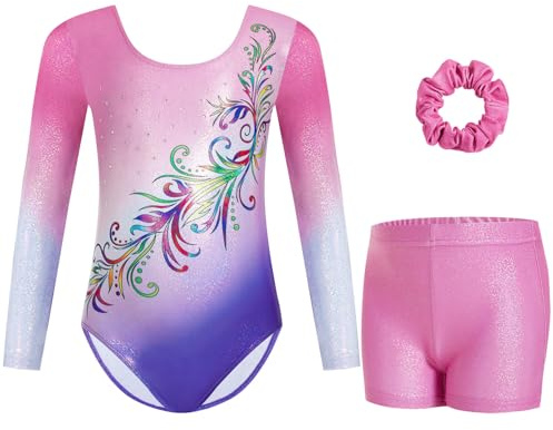 Gogokids, Conjunto de gimnasia para niña de tres piezas, body sin mangas, pantalones cortos y cinta para el cabello, traje de danza clásica brillante, con diseño de colores degradados, de 3 a 12 años