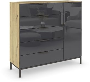 Rauch Möbel Flipp, Kommode, Farbe Glas Basalt/Eiche Artisan, Breite 120 cm | Sideboard, 1-türig, 5 Schubladen, Soft-Close, Griffe, Metallkufe Graphit für Schlafzimmer, Gästezimmer, Wohnzimmer