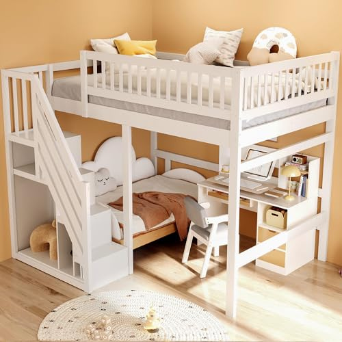 Mrwoo Kinderbett Etagenbett 140 × 200 cm, Sicherheitsleiter mit Stauraum, Hohem Sicherheitsgitter und Lattenrost, Jugendbett, Weiß (Ohne Matratze)