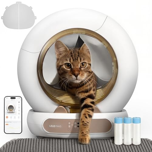 Self Cleaning Cat Litter Tray, 74L Automatic Cat Litter Tray with Curtain Trash Bags Mat, Smart App Odour Control, Anti-pinch Secure Self Cleaning Cat Litter Box for Multi-cats, Golden
