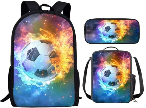 THKVSV Fußball-Rucksack und Lunchtaschen-Set für Jungen, 3. Klasse/4. Klasse, Büchertasche, Lunchbox, Kinder-Büchertasche, Stiftebox, Soccer-1, One Size, Tagesrucksack