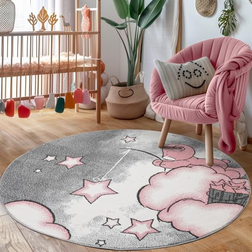 Carpettex Kinderteppich süße Bär Design Pink 160 cm Rund - Kurzflor Teppich Kinderzimmer für Mädchen und Jungen Pflegeleicht Weich - Waschbarer Spielteppich Babyteppich Gaming Teppich Babyzimmer