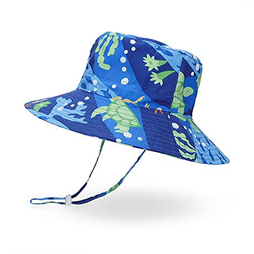 LACOFIA Sombrero de Sol bebé Gorro Verano para niños Sombrero Playa de ala Ancha Proteccion Solar para niños con Correa Ajustable para la Barbilla Tortuga Azul 1-2 años