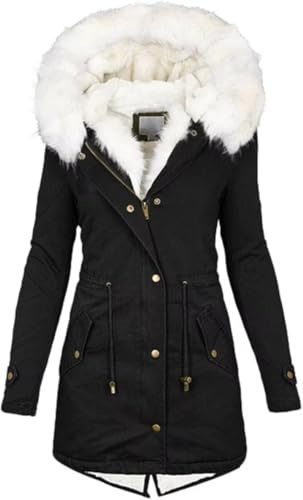 KaloryWee Summer Winter Coats Women Warm Faux Fur Lining Hooded Coat Ladies Plus Size Thicken Jackets Mid-Long Outwear (UK, Alpha, XL, Regular, Regular, White)