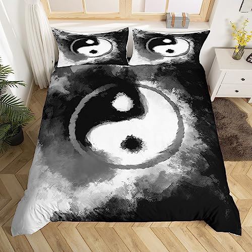 Loussiesd Yin Yang Bettwäsche Set 135x200cm Kinder Boho Trippy Betten Set für Jungen Mädchen Tradition Muster Bettbezug Set Atmungsaktiv Psychedelic Friedenszeichen Bettdeckenbezug Ink Art Bettbezug