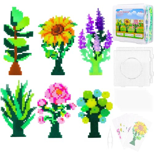 Zoyomax strykpärlor set 5 mm, 4 000 plug-in pärlor med hylsplatta, 6 växter blomma mönster och strykpapper, kreativt pärlset för vuxna