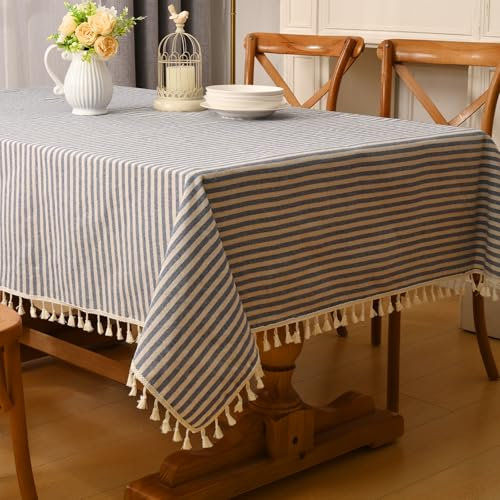 Alishomtll Leinen Gestreifte Quaste Tischdecke Rechteck Abwischbar Fleckschutz Tischtuch Leinenoptik Waschen Tischdecken, Restaurant Party Garten Dekor Tischwäsche, Blau und Weiß 140x240cm
