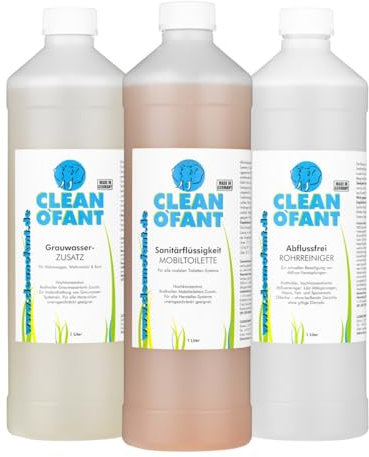CLEANOFANT Set 1L Sanitärflüssigkeit für Campingtoilette + 1L Grauwassertank Zusatz + 1L Abflussreiniger Rohrreiniger