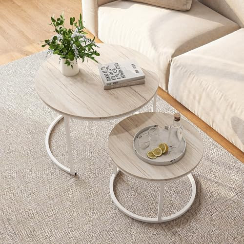 HOJINLINERO Lot de 2 tables basses rondes pour salon, tables basses gigognes en chêne, cadre en métal/table de canapé en bois, robuste et facile à assembler, table d'appoint moderne empilable pour