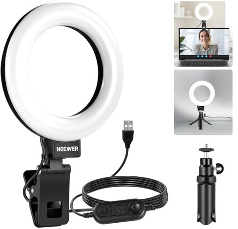 NEEWER BASICS 5 Ring Light con Clip e Treppiede, 10W 3000k-6000K Luce a Clip Dimmerabile per Laptop Computer Monitor Videoconferenza Selfie Vlog Trucco Streaming Live Registrazione Video, BR60