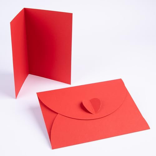 PresentFill® - blanko Falt-Karten inkl. Briefumschläge mit Herz Verschluß - 50er Set - Rubin Rot - Klappkarten zum selbst gestalten, beschriften oder bedrucken - DIN A6 / C6