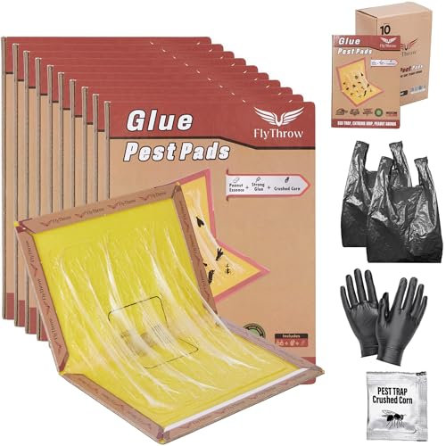 Fly Throw Pest Sticky Pad Traps, 10 Pack Multi-Use Boards, Peanut Scented, Pest Catcher Indoor & Outdoor- Extra Strong Glue Adhesive Pads Trap- with 2 Pair of Gloves, Garbage Bag & Crushed Corn
